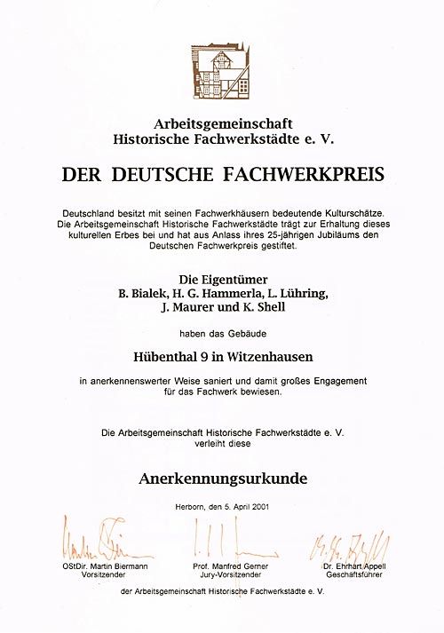 Anerkennungsurkunde des Deutschen Fachwerkspreises